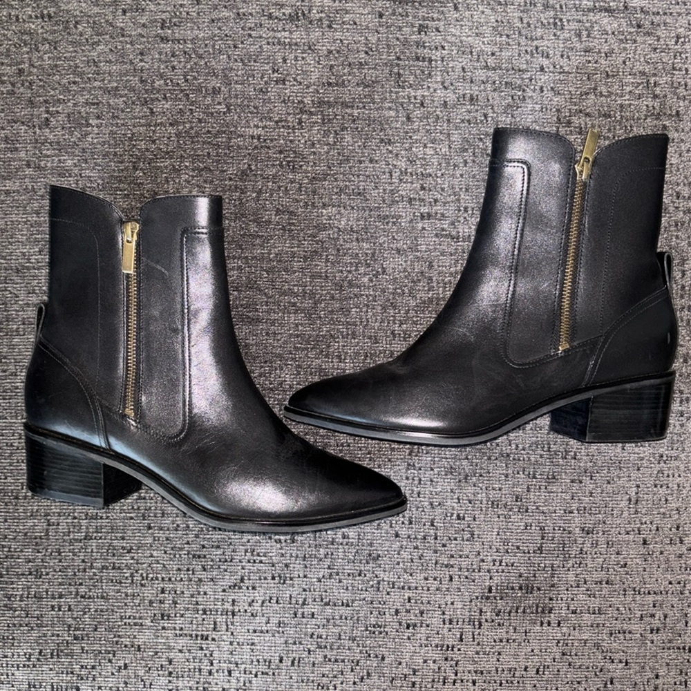 Cole Haan Black Leather Ankle Boots with Gold Zipper